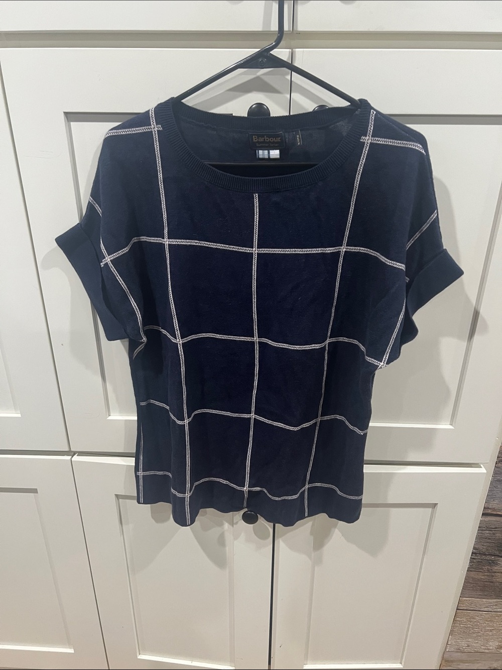 Barbour Summer Tartan Navy Knit Short Sleeve Top with White Windowpane size 10
